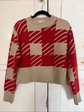 Joe Fresh Red and Beige Geometric Crewneck Sweater